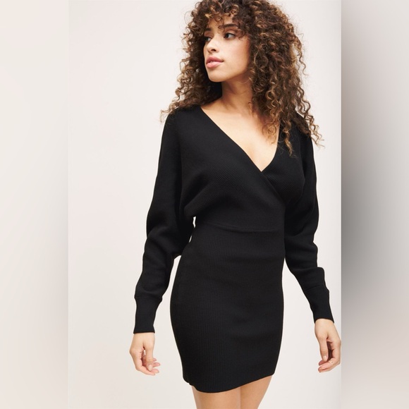 Dynamite Black Surplice Front Open Keyhole Back Long Sleeve Knit Sweater Dress - Picture 2 of 4